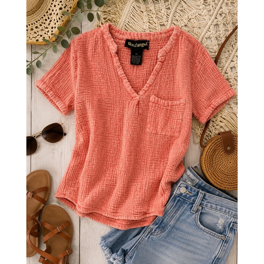 Like An Angel Gauze Top V-Neck Pocket Short Sleeve M coral Boho crinkled cotton